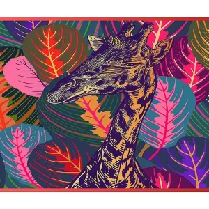Reapris Canvastavla 70x100 cm - Stiliserad giraff omgiven av färgglada lövverk Lila / Grön / Orange - Inredning