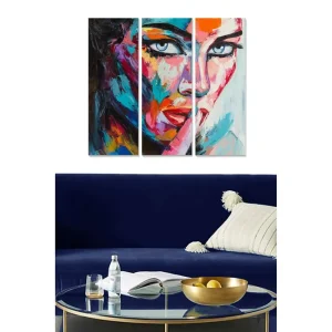 Canvastavla i trä 3-delar 50x70 cm - Färgstark porträtt av en kvinna med en uttrycksfull blick Blå / Röd / Orange - Inredning Sänkt pris