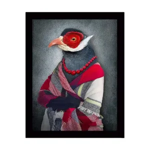 Inramad Canvastavla i trä - 41x56 cm - Fågel med klädesplagg och smycken i en stiliserad porträttform Röd / Blå / Grå - Inredning risnedsättning