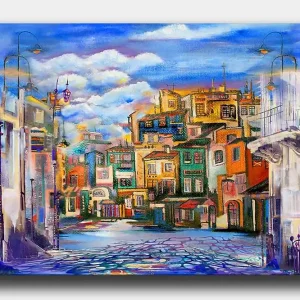Canvastavla 70x100 cm - Färgglad stadsbild med hus i olika nyanser och en klar himmel Blå / Grön / Orange - Inredning Lågt pris