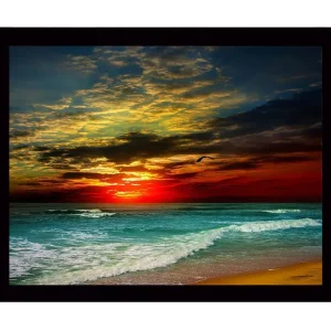 Inramad Canvastavla i trä - 41x56 cm - Vacker solnedgång över havet med dramatiska molnformationer Mörkröd / Turkos / Gyllene - Inredning Köp online