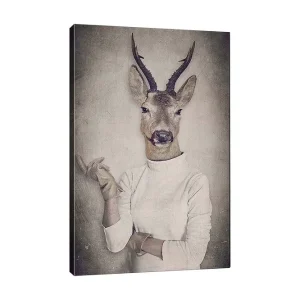 Canvastavla 70x100 cm - Surrealistisk bild av en människa med ett rådjurshuvud som gestikulerar med handen Beige / Grå / Brun - Inredning Fri frakt