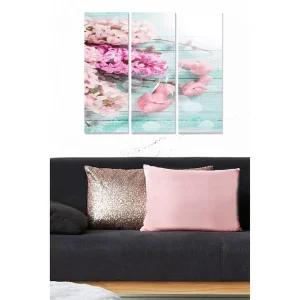 Canvastavla i trä 3-delar 50x70 cm - Rosa blommor med en bakgrund av ljusblå trästruktur Rosa / Ljusblå / Vit - Inredning Fri frakt