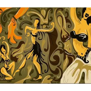 Canvastavla 70x100 cm - Abstrakt dansmotiv med kvinnliga figurer i livfulla poser Guld / Brun / Olivgrön - Inredning Premium