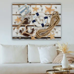 Canvastavla 70x100 cm - Maritimt stilleben med snäckor, stjärnformade sjöstjärnor och en livboj Beige / Blå / Brun - Inredning Begränsad tid