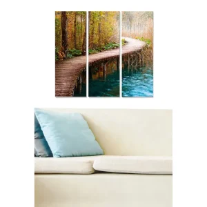 Canvastavla i trä 3-delar 50x70 cm - Vacker promenadstig genom en höstlig skog vid vattnet Brun / Grön / Blå - Inredning Begränsat antal