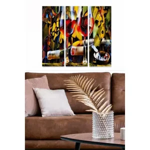 Canvastavla i trä 3-delar 50x70 cm - Färgglad komposition med vin och musikaliska inslag Röd / Gul / Grön - Inredning I lager