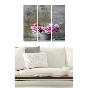 Canvastavla i trä 3-delar 50x70 cm - Bukett av rosa blommor i en keramisk kruka Rosa / Grå / Grön - Inredning Lågt pris