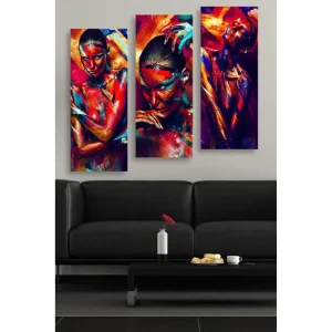 Reapris Canvastavla i trä 3-delar 50x70 cm - Färgstark porträttserie av människor med uttrycksfulla ansiktsmålningar Röd / Blå / Orange - Inredning