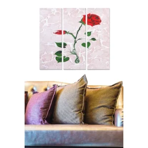Säker betalning Canvastavla i trä 3-delar 50x70 cm - Röd ros med gröna blad mot en ljus bakgrund Röd / Grön / Ljusrosa - Inredning