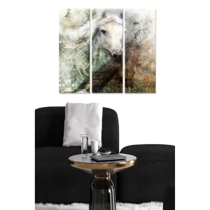 Canvastavla i trä 3-delar 50x70 cm - Hästporträtt med inslag av sedlar och abstrakta mönster Vit / Beige / Grön - Inredning Outlet
