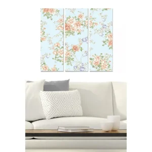 Canvastavla i trä 3-delar 50x70 cm - Blommig komposition med rosor och små blommor Ljusblå / Korall / Grön - Inredning Outlet