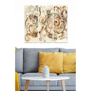 Canvastavla i trä 3-delar 50x70 cm - Ornamental komposition med svängda linjer och blommor Beige / Grön / Brun - Inredning Begränsad tid