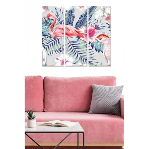 Canvastavla i trä 3-delar 50x70 cm - Färgglad tropisk komposition med flamingos och blommor Rosa / Grön / Lila - Inredning Nedsatt pris