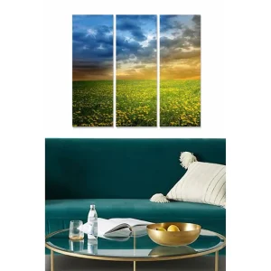 Begränsat antal Canvastavla i trä 3-delar 50x70 cm - Blomstrande fält med gula maskrosor under en dramatisk himmel Gult / Blått / Grönt - Inredning