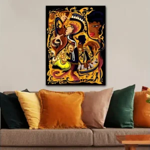 Canvastavla 70x100 cm - Livfull och dynamisk skildring av musiker som spelar olika instrument i en färgstark komposition Guld / Svart / Röd - Inredning Endast denna vecka