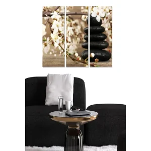 Canvastavla i trä 3-delar 50x70 cm - Stenstack omgiven av blommor och grenar Svart / Vit / Beige - Inredning Outlet