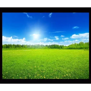 Lågt pris Inramad Canvastavla i trä - 41x56 cm - Grön äng under en klarblå himmel med vita moln Grön / Blå / Vit - Inredning