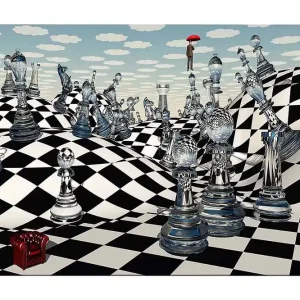 Canvastavla 70x100 cm - Surrealistisk schackbräda med genomskinliga schackpjäser som sträcker sig över böljande landskap Svart / Vitt / Transparent - Inredning Begränsat erbjudande