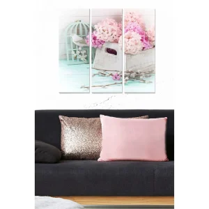 Billig Canvastavla i trä 3-delar 50x70 cm - Ljus och romantisk bukett av rosa blommor i en korg Rosa / Mintgrön / Vit - Inredning