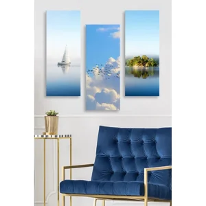 Canvastavla i trä 3-delar 50x70 cm - Segelbåt på spegelblanka vattenytor Blå / Vit / Grön - Inredning Extra rabatt