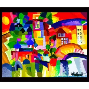 Inramad Canvastavla i trä - 41x56 cm - Färgglad stadssilhuett med kupoler och byggnader Röd / Grön / Blå - Inredning Lågt pris