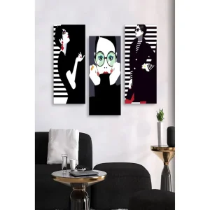 Canvastavla i trä 3-delar 50x70 cm - Stiliserade porträtt av modeikoner med grafiska inslag Svart / Vit / Röd - Inredning Billig