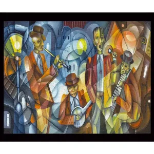 Kampanjpris Inramad Canvastavla i trä - 41x56 cm - Musikaliskt framträdande med fyra musiker i färgglada kläder Mörkblå / Orange / Gul - Inredning