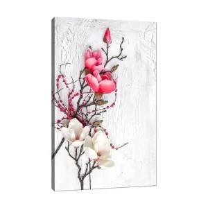 Canvastavla 70x100 cm - Vacker komposition av magnoliablommor i rosa och vitt på en subtil bakgrund Rosa / Vit / Grön - Inredning Populär