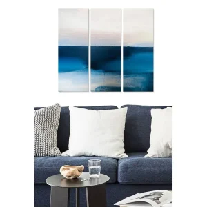 Canvastavla i trä 3-delar 50x70 cm - Abstrakt landskap med nyanser av blått Mörkblå / Ljusblå / Vit - Inredning Snabb frakt