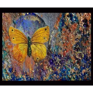 Lågt pris Inramad Canvastavla i trä - 41x56 cm - Färgglad fjäril med detaljerad textur i bakgrunden Guld / Blå / Orange - Inredning