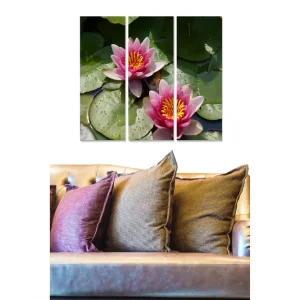 Endast denna vecka Canvastavla i trä 3-delar 50x70 cm - Vackra näckrosor i en stilla vattenyta Rosa / Grön / Gul - Inredning