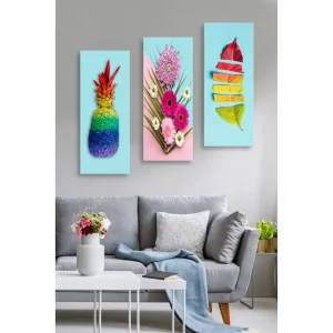 Canvastavla i trä 3-delar 50x70 cm - Färgglad ananas med regnbågsfärger Grön / Blå / Röd - Inredning Lägg i varukorgen