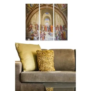 Canvastavla i trä 3-delar 50x70 cm - Historisk scen med samling av filosofer och tänkare i en stor hall Beige / Röd / Blå - Inredning Beställ nu