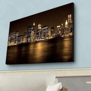 Billig Canvastavla med LED-belysning - Storslagen stadsbild av en skyline med upplysta skyskrapor - Inredning & dekor