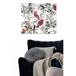 Rea Canvastavla i trä 3-delar 50x70 cm - Färgglada fåglar bland blommor och växtlighet Röd / Grön / Svart - Inredning