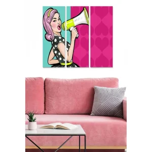 Canvastavla i trä 3-delar 50x70 cm - Kvinna med megafon i retrostil Rosa / Turkos / Svart - Inredning Begränsat erbjudande