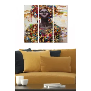 Rea Canvastavla i trä 3-delar 50x70 cm - Porträtt av en kvinna med färgglad huvudbonad och kläder Mörkbrun / Guld / Röd - Inredning