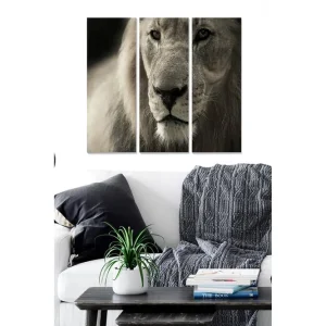 Canvastavla i trä 3-delar 50x70 cm - Majestätisk lejonhuvud i närbild Grå / Beige / Svart - Inredning Nedsatt pris