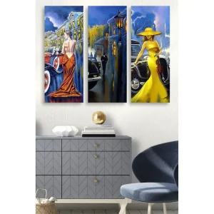 Canvastavla i trä 3-delar 50x70 cm - Eleganta kvinnor i färgglada klänningar framför klassiska bilar Gult / Orange / Blått - Inredning Begränsat antal