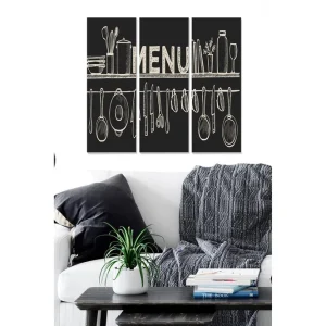 Canvastavla i trä 3-delar 50x70 cm - Köksskylt med köksredskap och växter i minimalistisk stil Vit / Svart - Inredning Populär