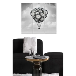 Canvastavla i trä 3-delar 50x70 cm - Ballong fylld med klockor svävande i himlen Svart / Grå / Vit - Inredning Kundfavorit