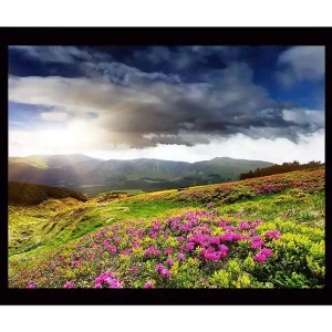 Premium Inramad Canvastavla i trä - 41x56 cm - Vacker fjällandskap med blomstrande ängar Grön / Rosa / Blå - Inredning
