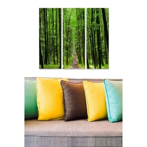 Snabb frakt Canvastavla i trä 3-delar 50x70 cm - Grönskande skog med höga träd och en stig som leder in i djupet Grön / Ljusgrön - Inredning