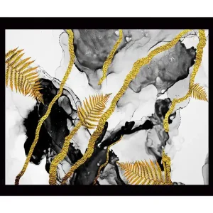 Billigare Inramad Canvastavla i trä - 41x56 cm - Abstrakt komposition med guldiga ormbunksblad och svarta inslag Guld / Svart / Grå - Inredning