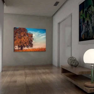 Billigare Canvastavla 70x100 cm - Stor, orange trädkrona i höstfärger mot en klarblå himmel Orange / Blå / Beige - Inredning