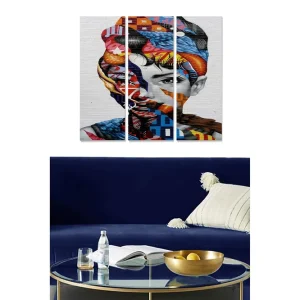 Canvastavla i trä 3-delar 50x70 cm - Färgglad porträtt av en kvinna med abstrakta mönster Röd / Blå / Orange - Inredning Erbjudandepris