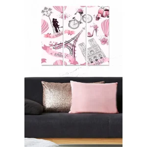 Begränsat antal Canvastavla i trä 3-delar 50x70 cm - Romantisk stadsbild med Parismotiv och kärleksfullt par Rosa / Svart / Vitt - Inredning
