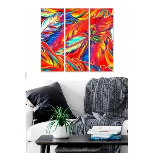 Canvastavla i trä 3-delar 50x70 cm - Färgglada fjädrar i dynamisk komposition Röd / Blå / Grön - Inredning Expressleverans