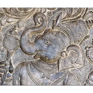 risnedsättning Canvastavla 70x100 cm - Detaljerad relief av elefanten Ganesha som håller en skål, omgiven av intrikata mönster Silver / Grå - Inredning